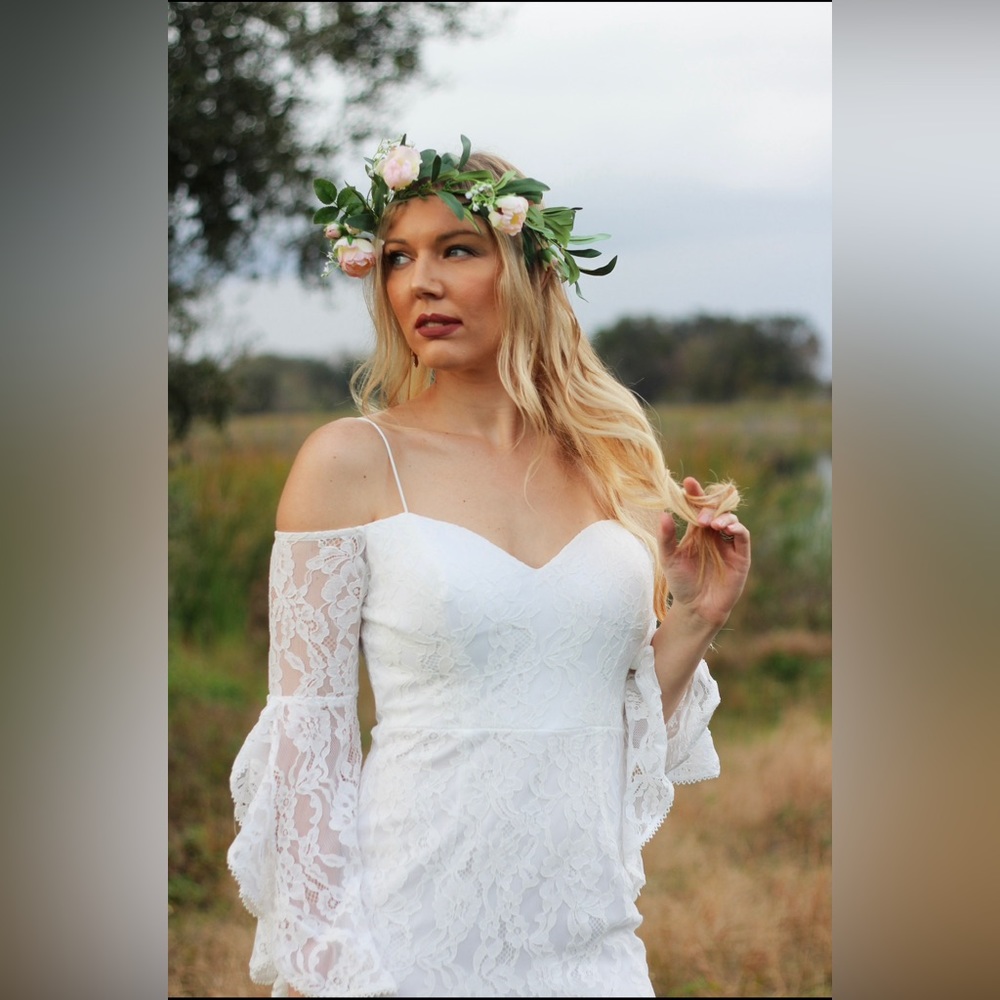 FashionNova white lace bell sleeve engagement dress